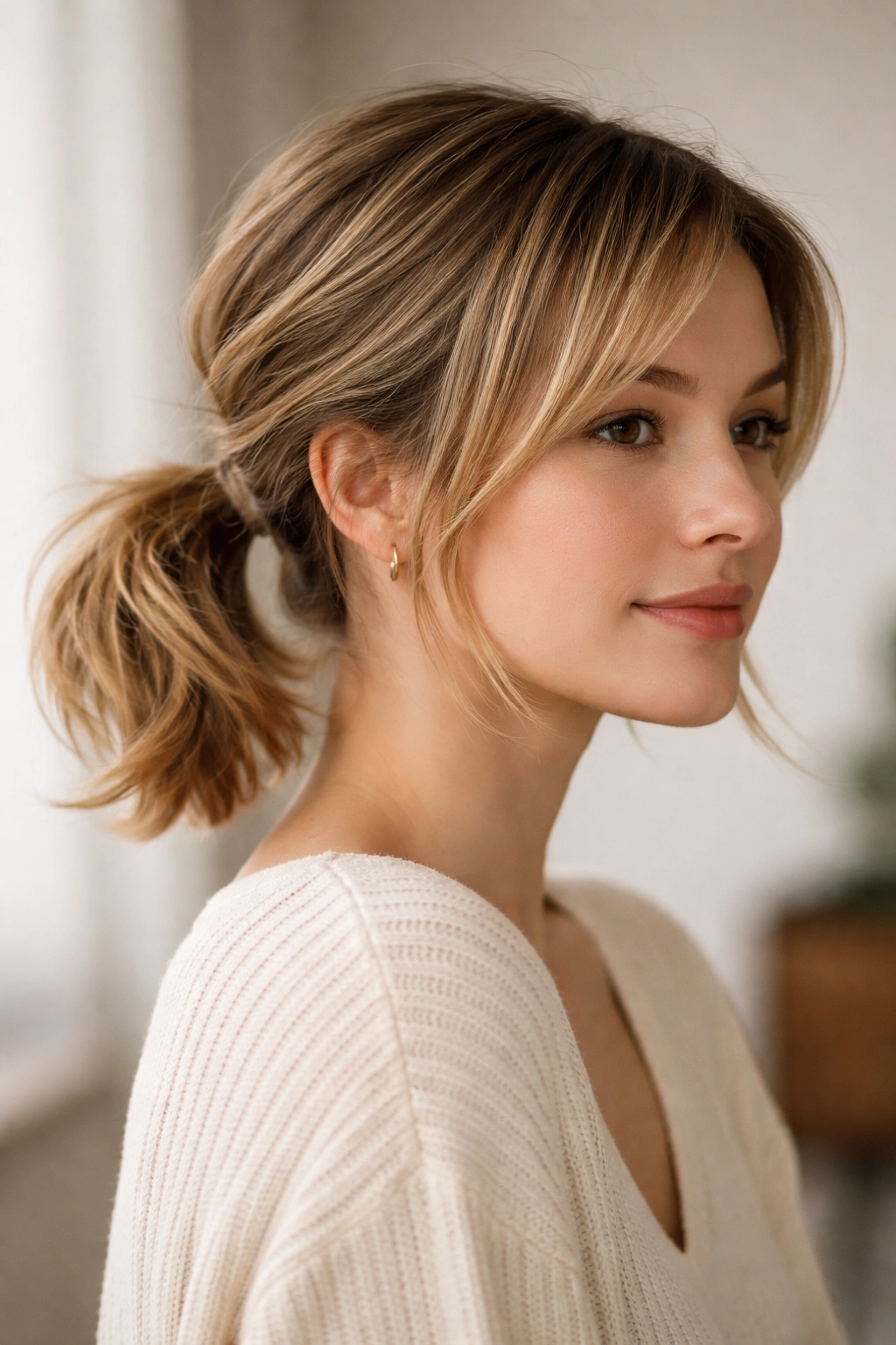 Short hair side ponytail tucked behind ear