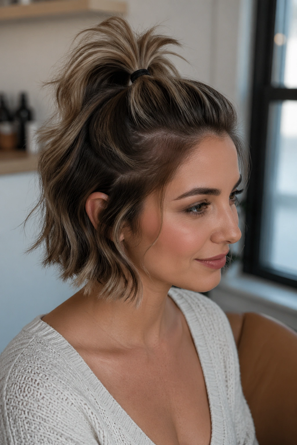 Real woman with short hair in a small high half-up ponytail.