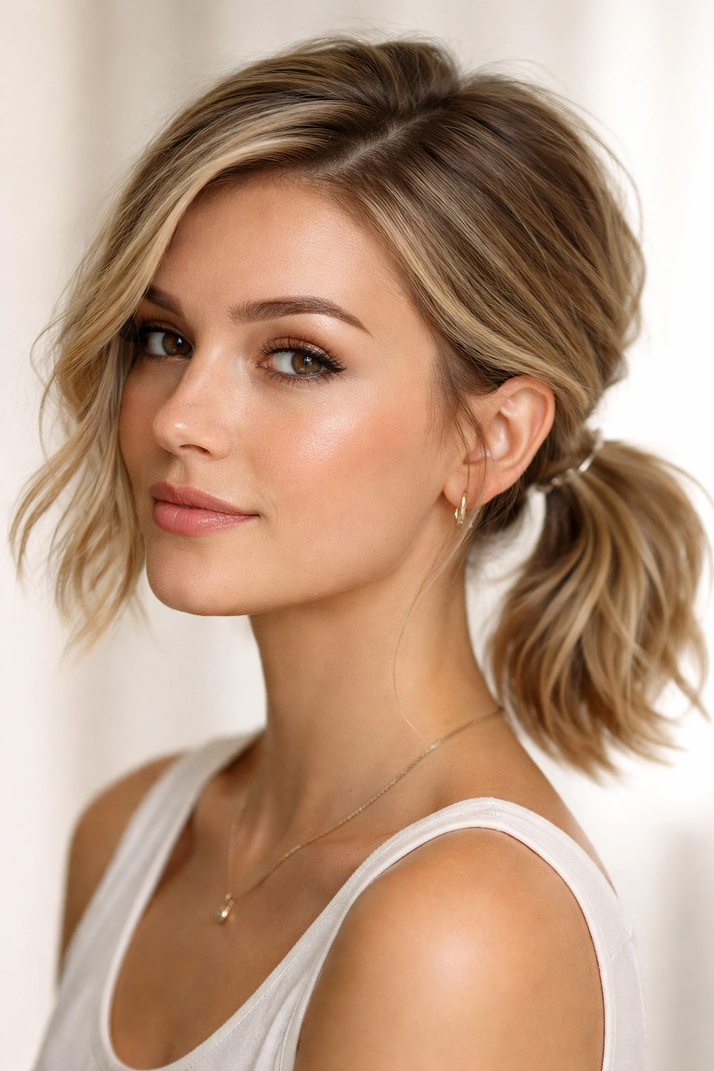 Short hair side ponytail with small elastic and hidden pins.