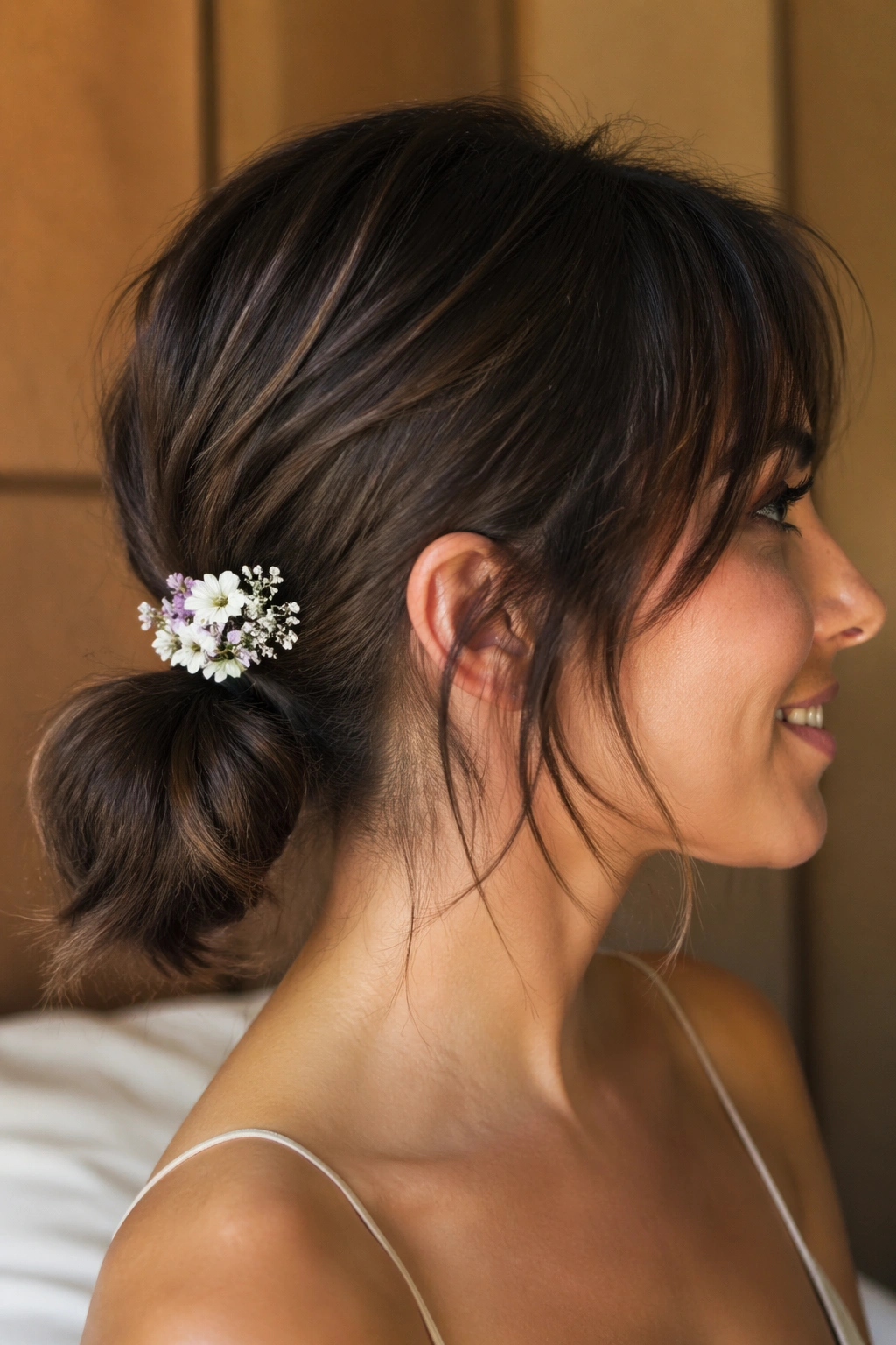 Close-up of short-haired woman with low ponytail and clip-in flowers at the base