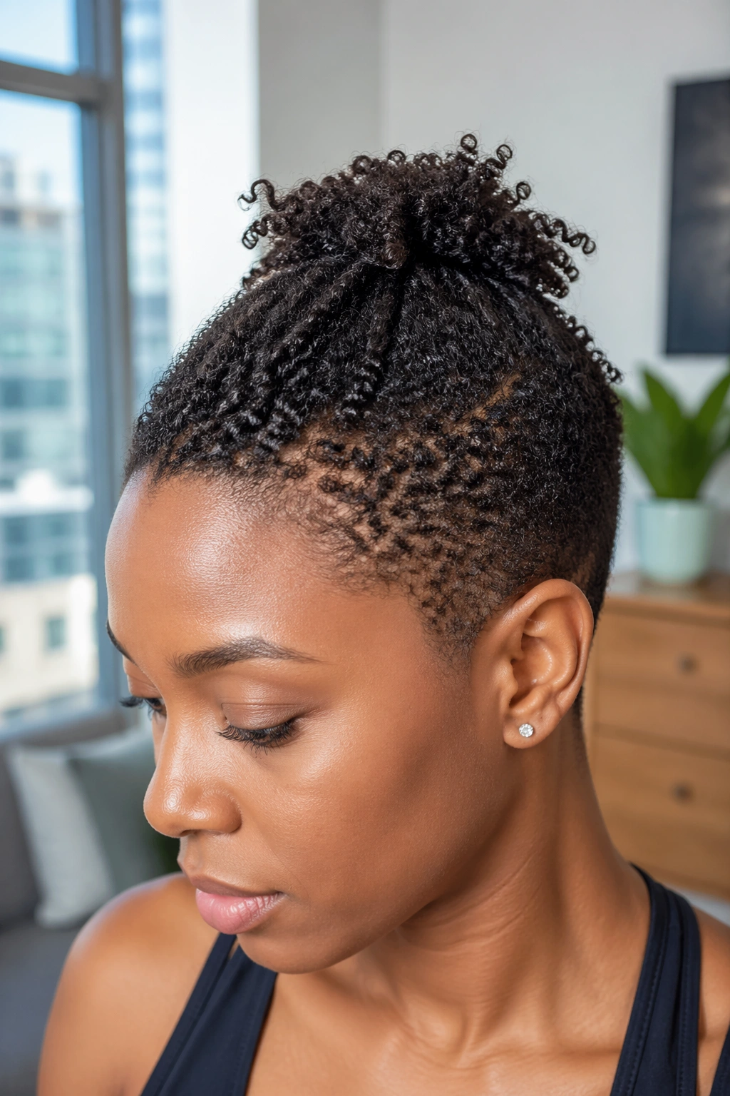 Close-up of a real person with a short tapered cut and a compact crown ponytail