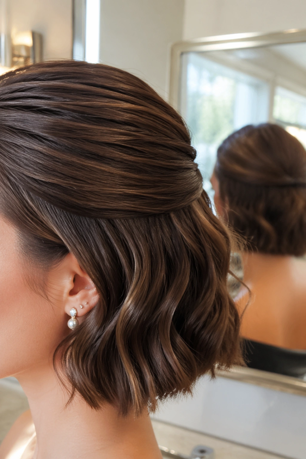 Close-up of slick crown and soft ends on a chin-length bob in a bathroom vanity.