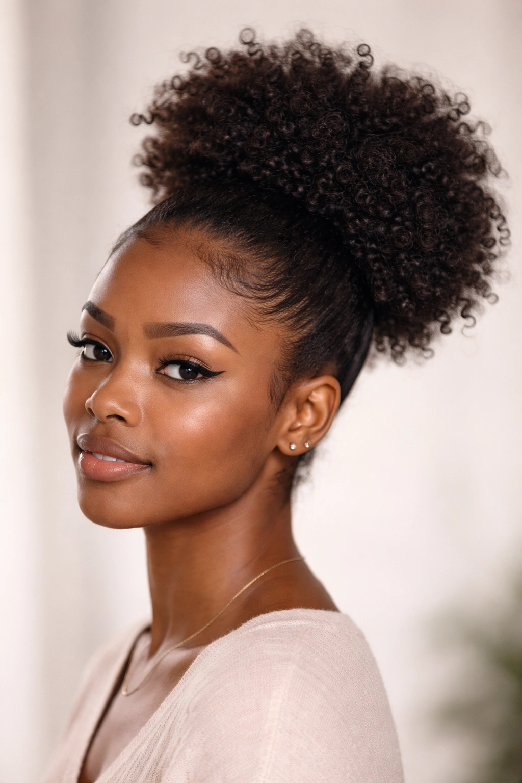 High puff ponytail on short natural hair with defined coils