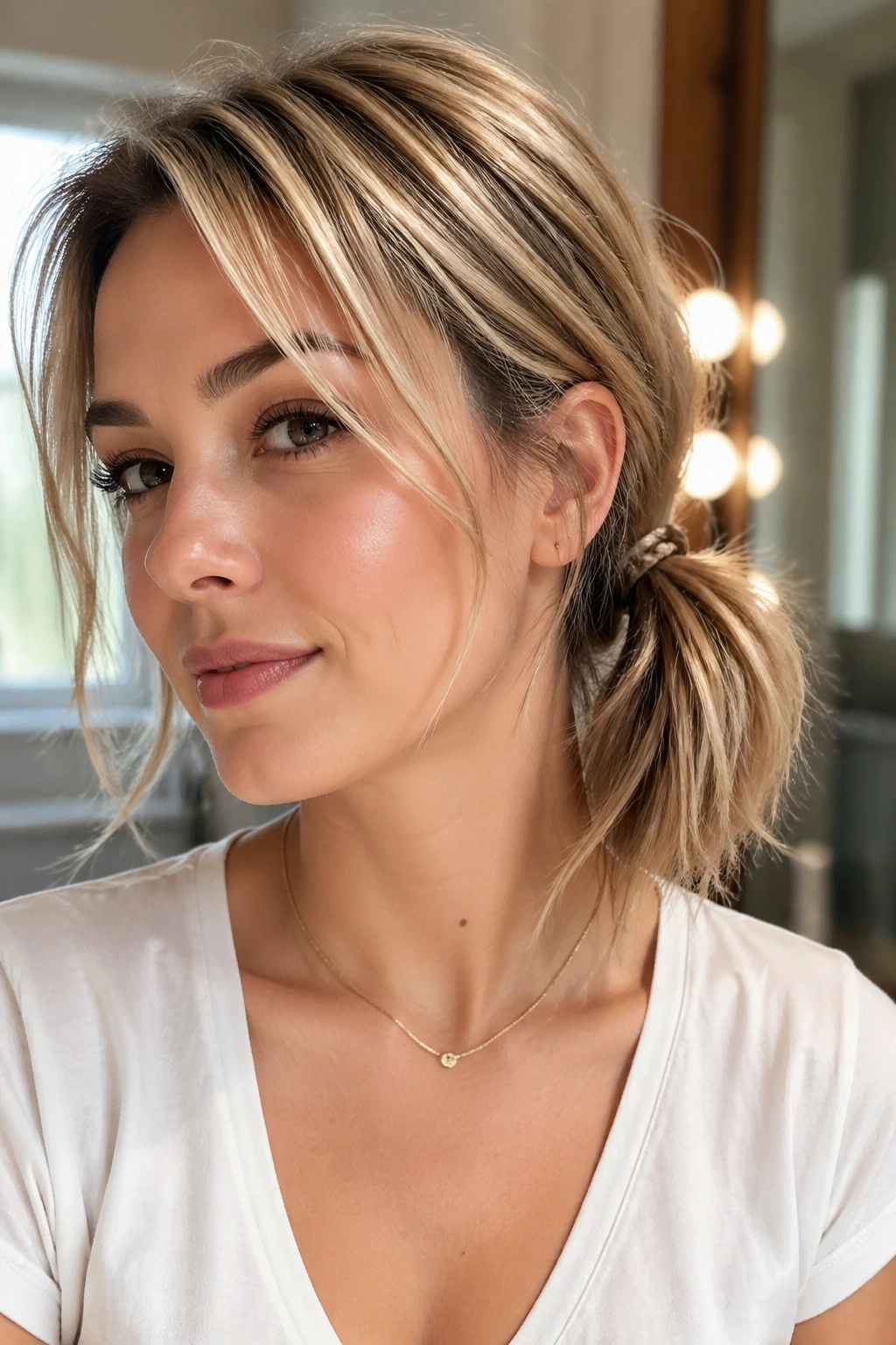 Real bob with side ponytail behind the ear in natural light