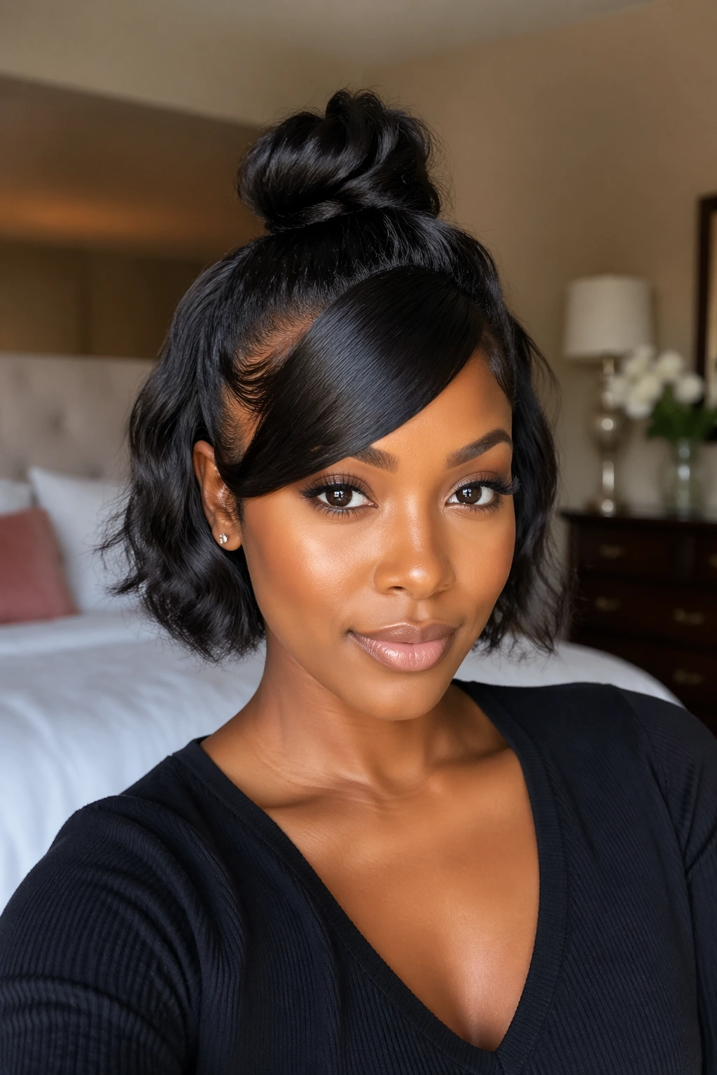 Half Up Top Knot with Curved Swoop - close-up of a real Black woman showing a crown knot and curved front swoop in natural window light