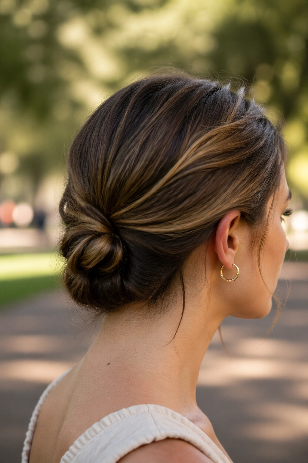 Portrait of a real woman with a tucked-in short ponytail at the nape.