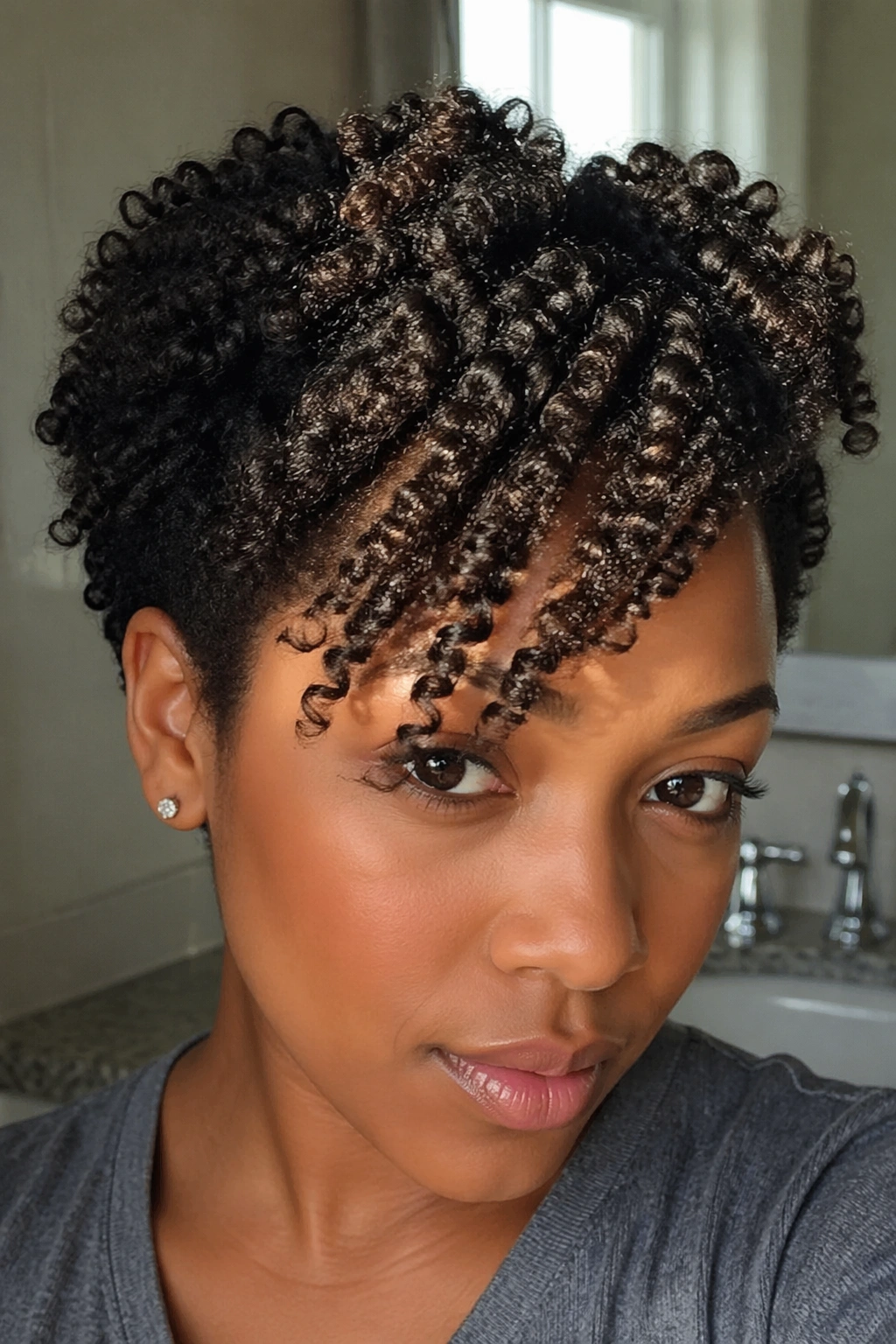 Close-up of diagonal front bang twist on short curly hair in bathroom light.