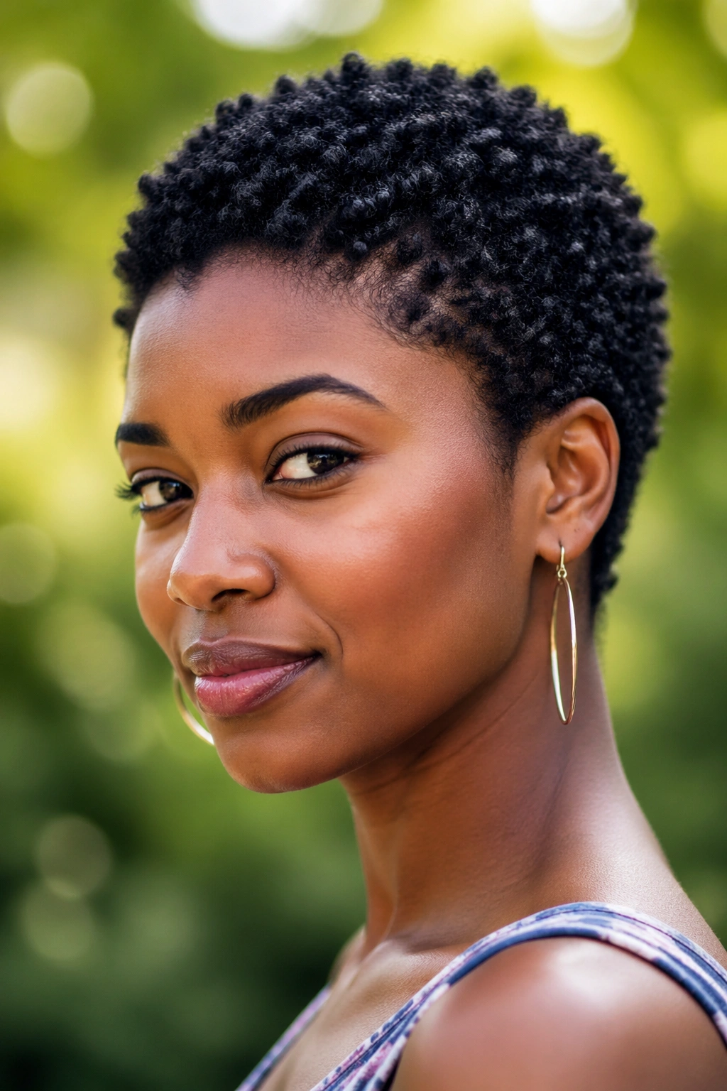 Close-up of a real person with tight kinky coils and a defined short cut