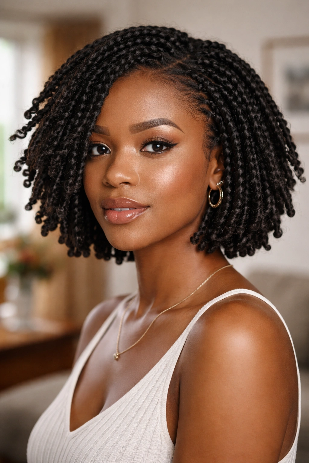 Close-up of a real person with short kinky twists showing texture