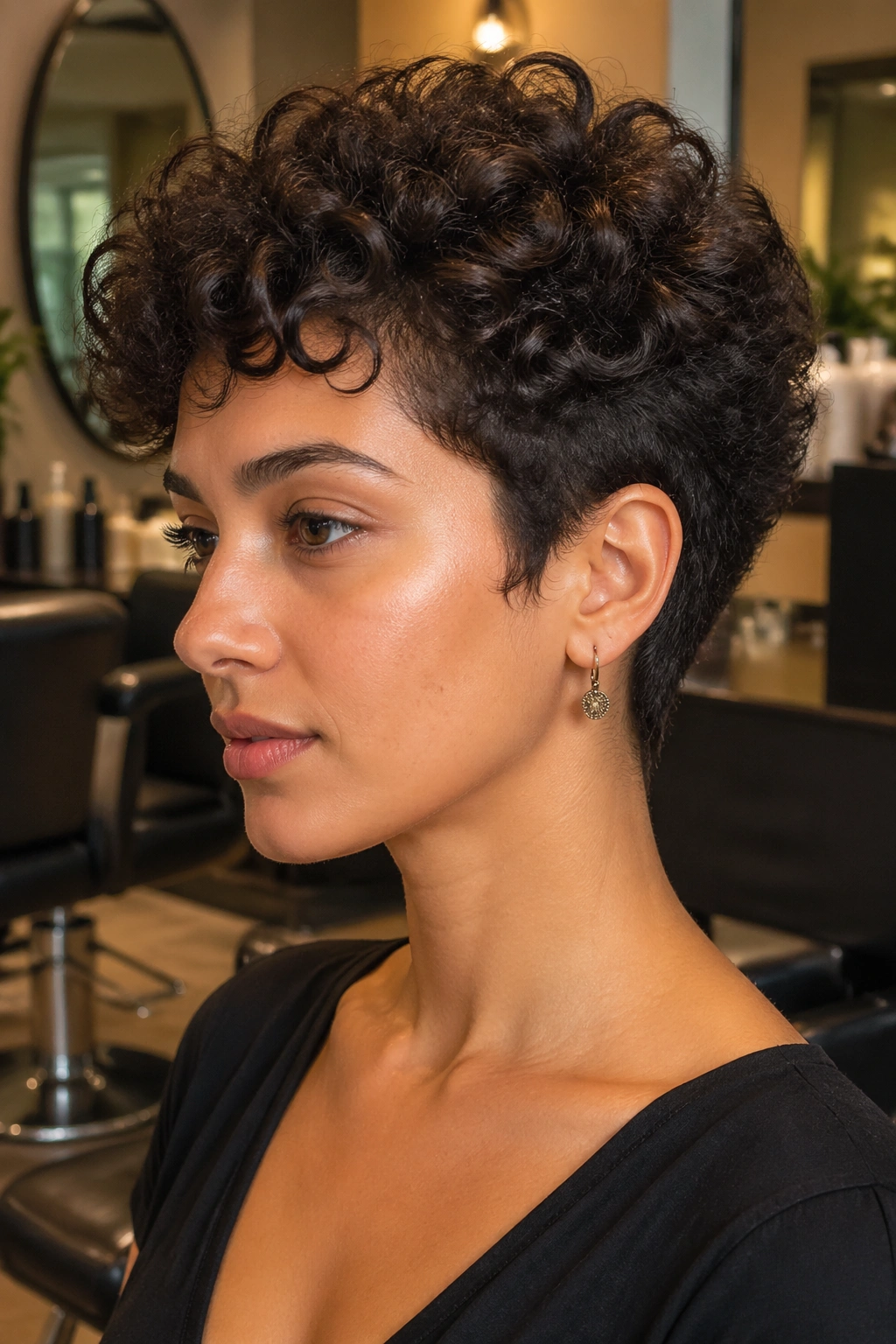 Portrait of a person with a short layered curly haircut