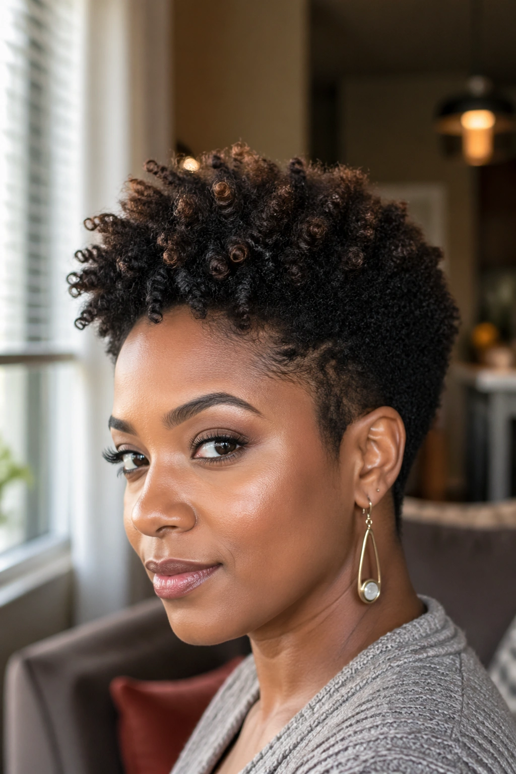 Close-up portrait of a real woman with a short layered tapered natural hairstyle