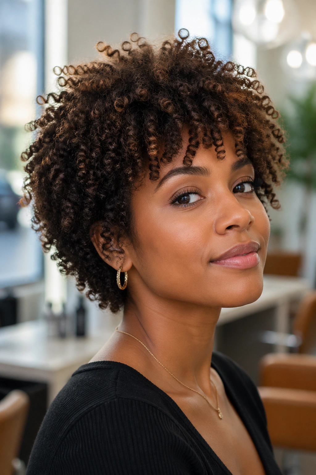 Close-up of a real woman with a short layered natural cut showing interior layering and springy crown curls