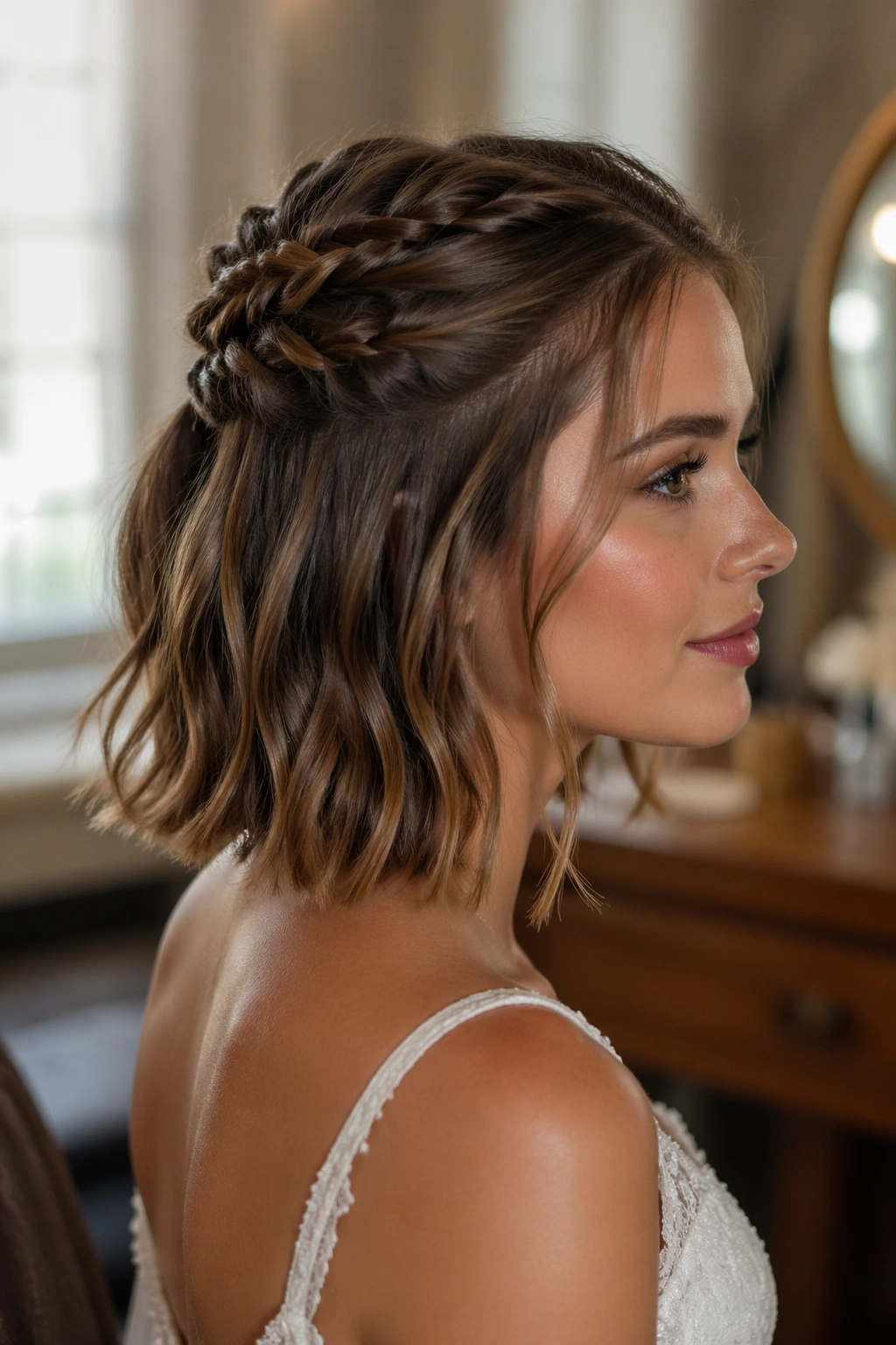 Close-up of real bride with short lob braided half-up hairstyle.