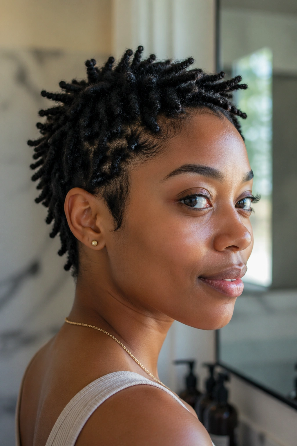 Close-up of a real person with short loc-inspired coils
