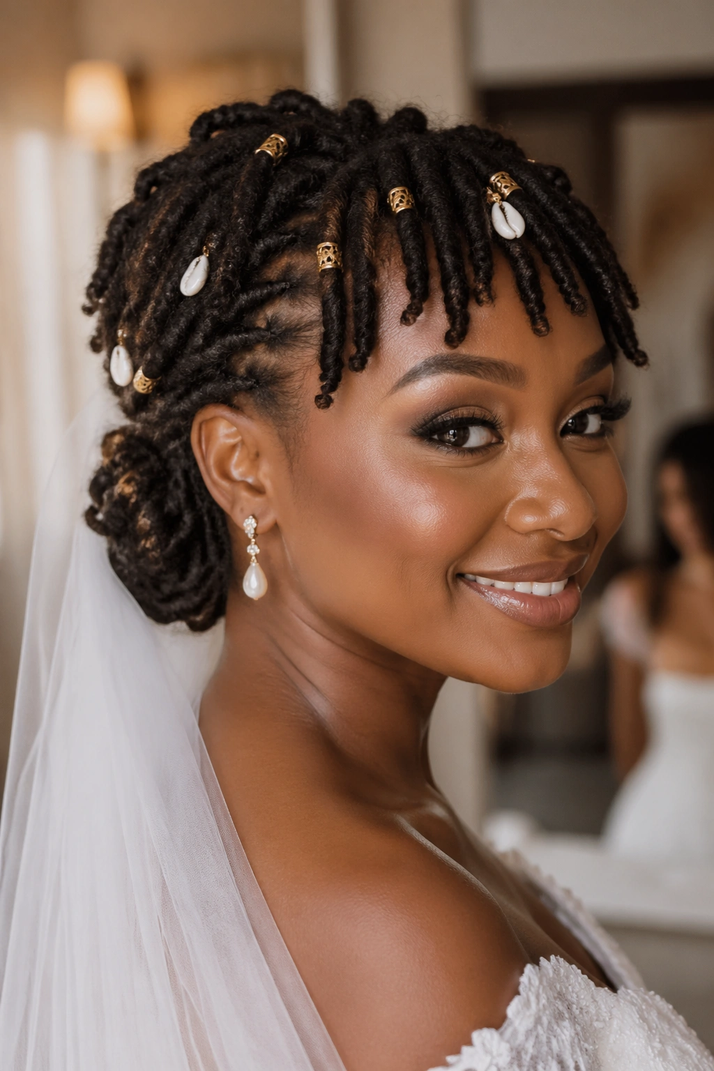 Bride with short locs styled into a fringe
