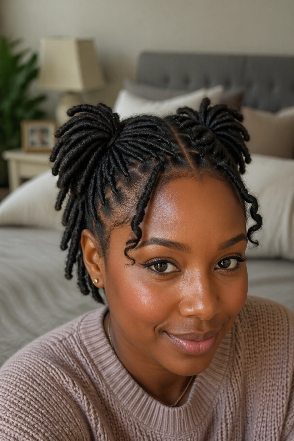 Real woman with short locs styled into compact double ponytails