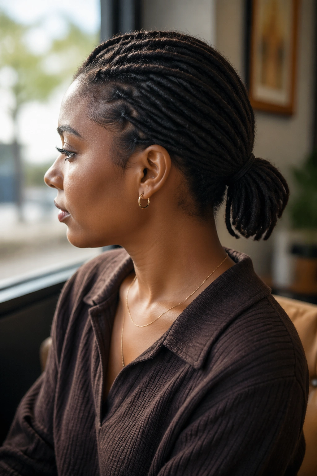 Close-up portrait of a real woman with short locs in a compact low ponytail at the nape.