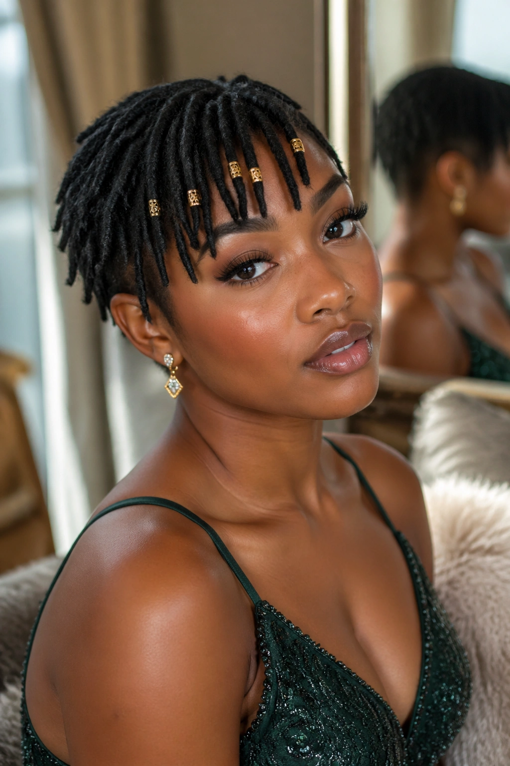 Portrait of a real woman with short locs adorned with gold pins.
