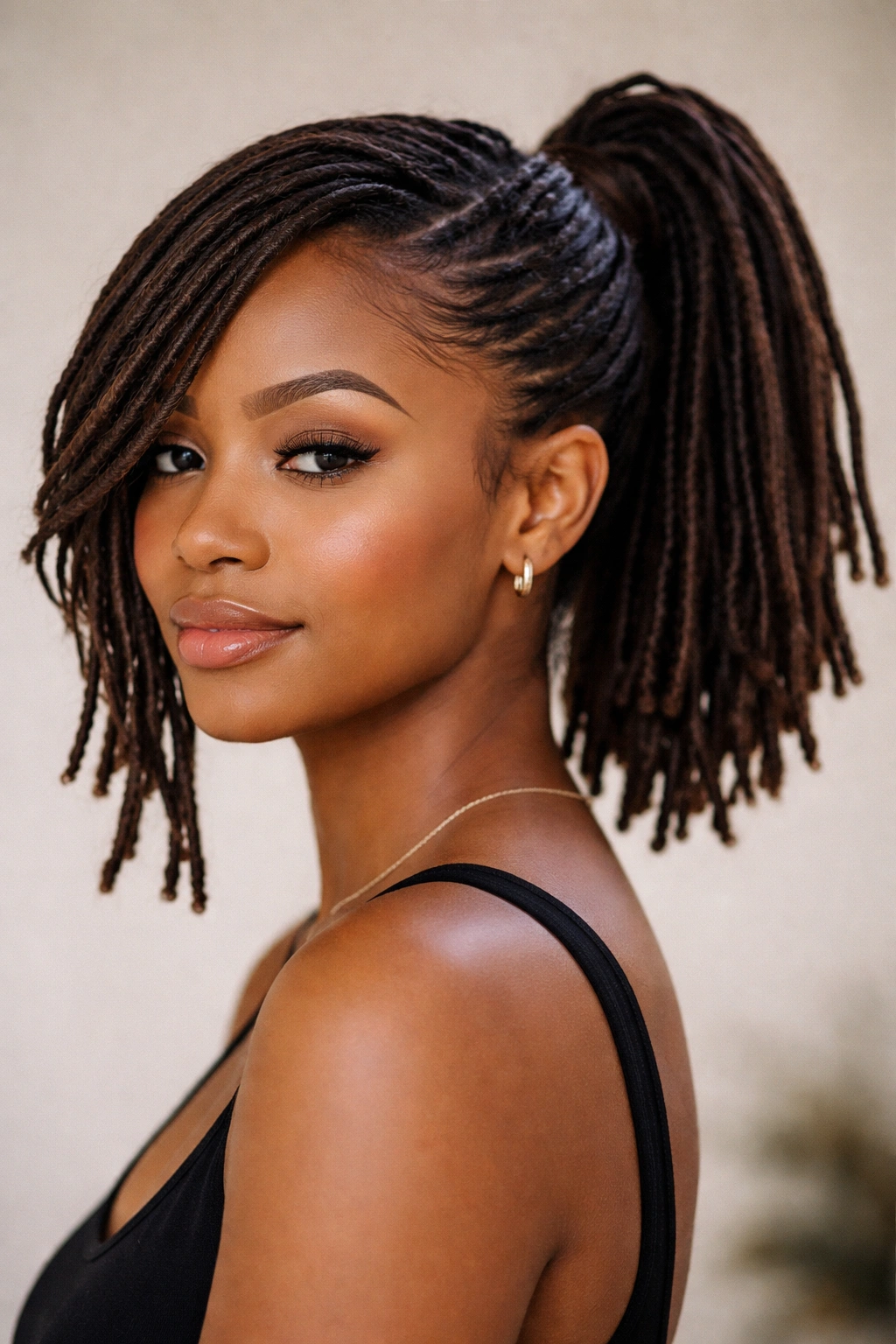 Compact shoulder-length swoop ponytail on shorter locs