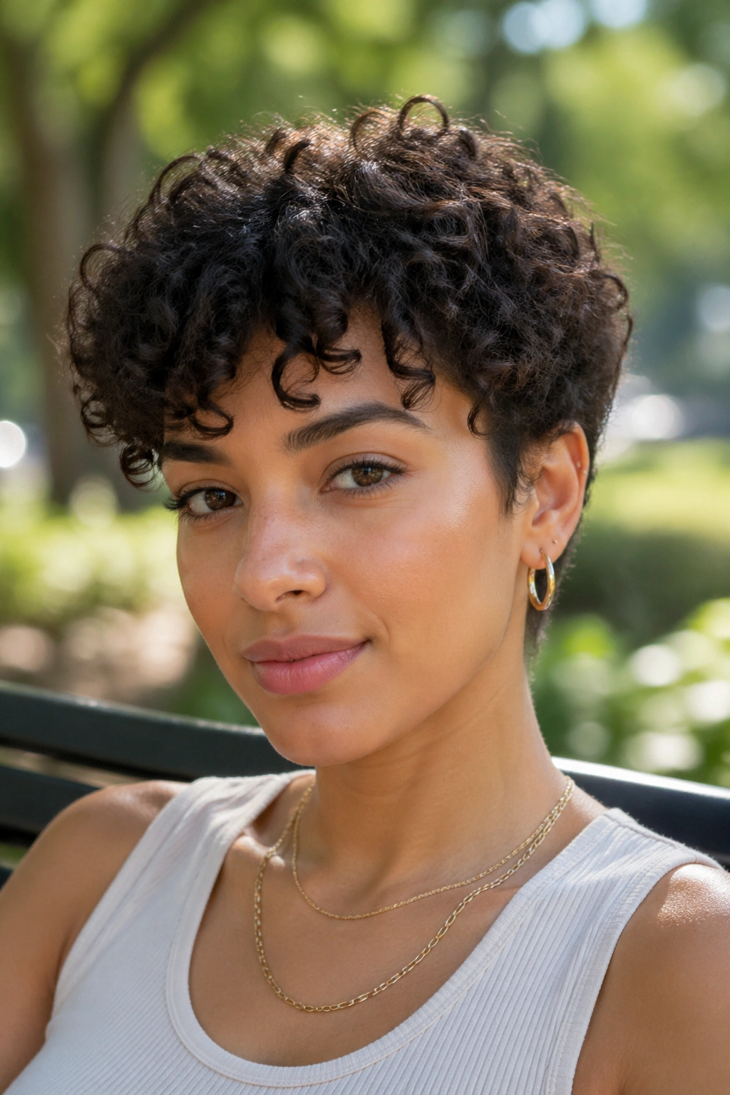 Close-up of a real woman with short loose curls forming a pixie-like silhouette outdoors