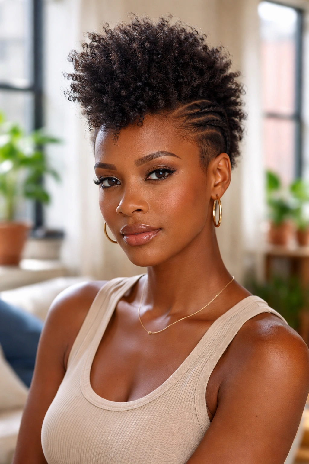 Portrait of a woman with a centered short Mohawk Afro