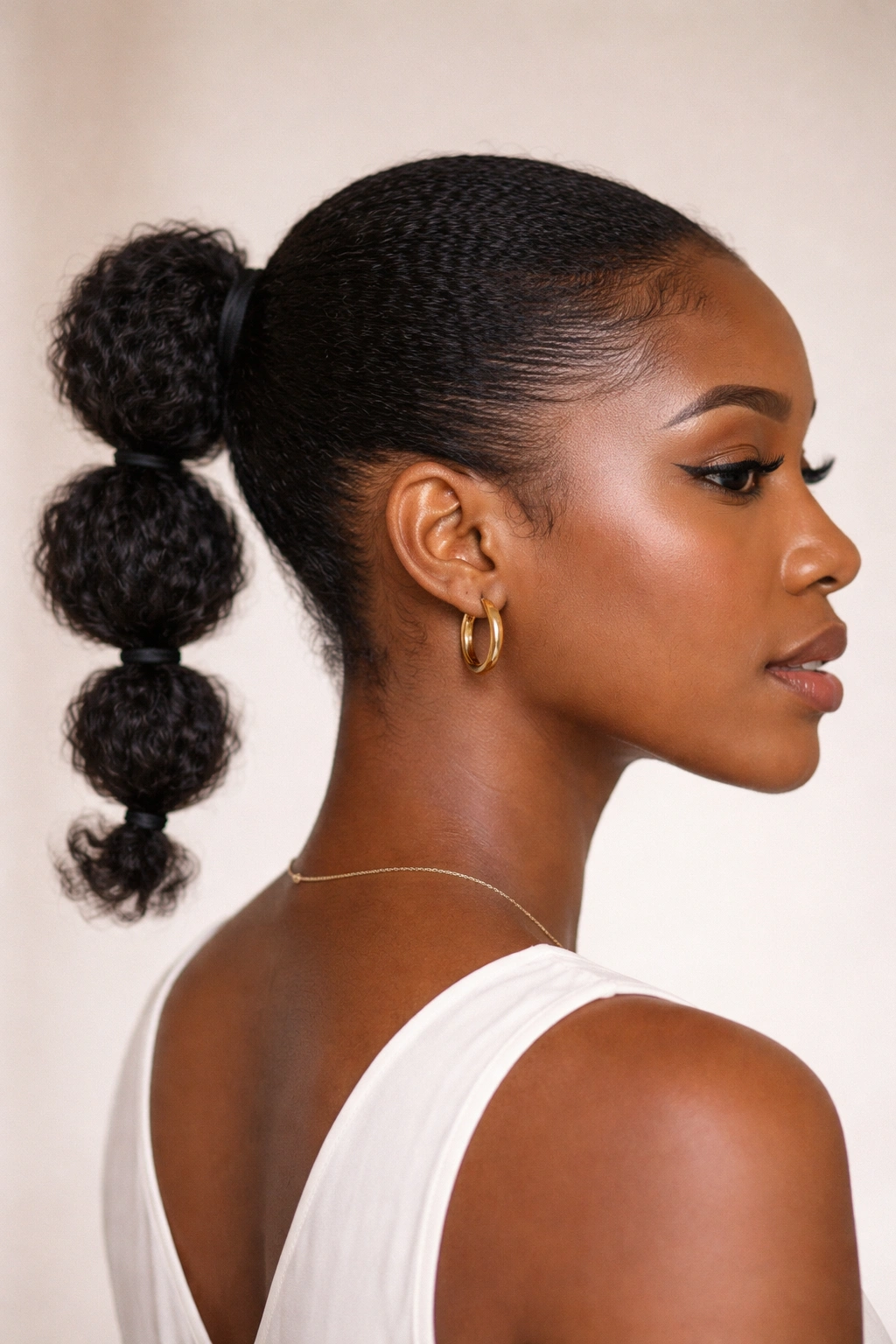 Compact bubble ponytail on short natural hair with two or three tight bubbles.