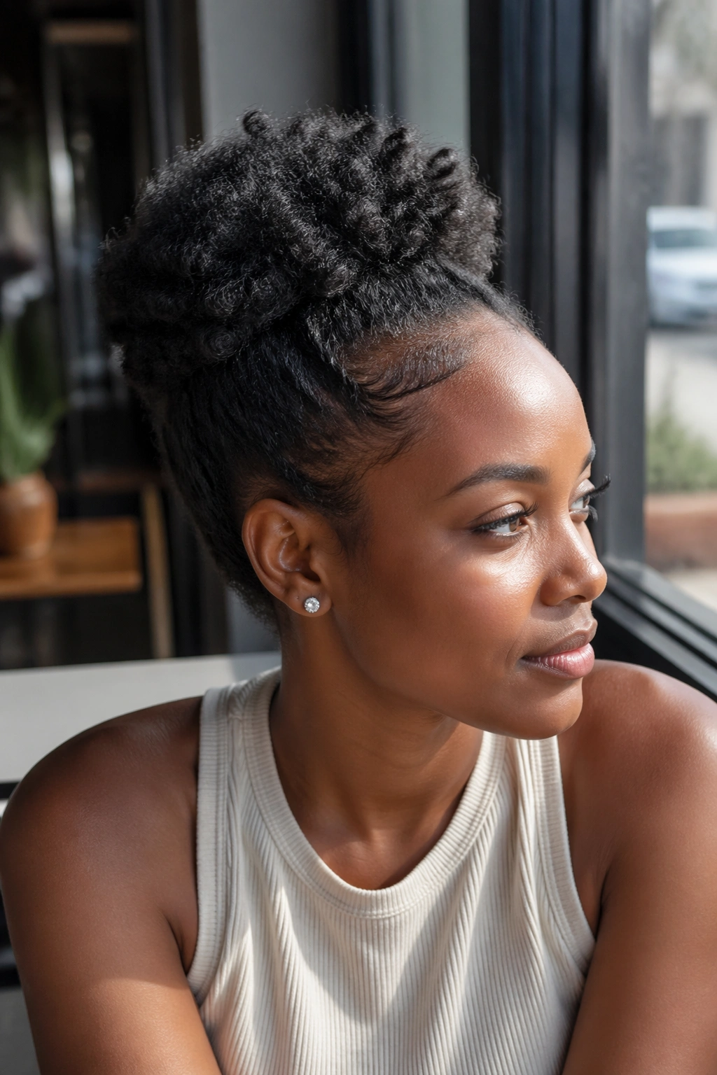 Close-up of a real woman with short natural hair styled into a puff bun with hidden pins