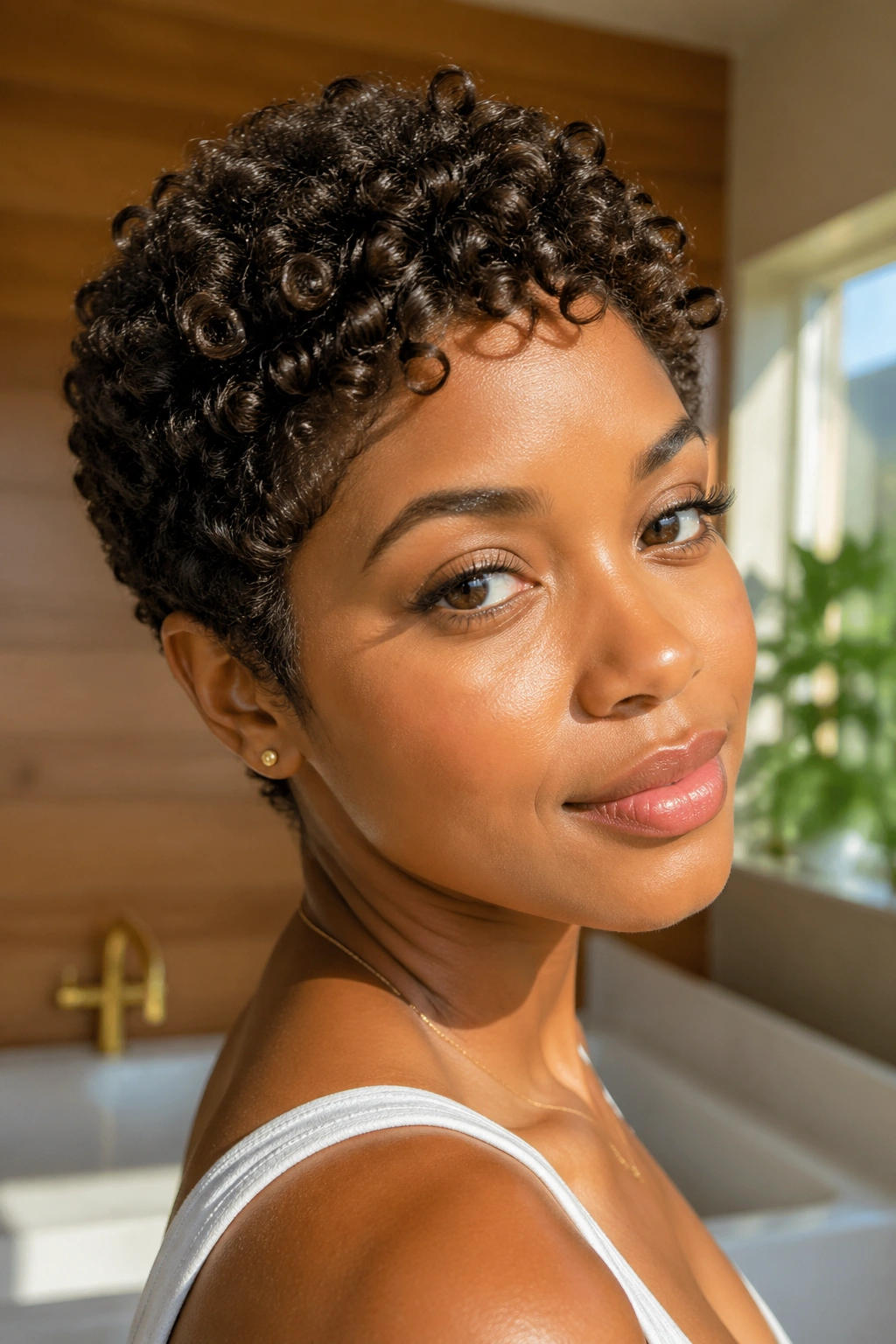 Portrait of a person with defined short natural curls in a sunny bathroom