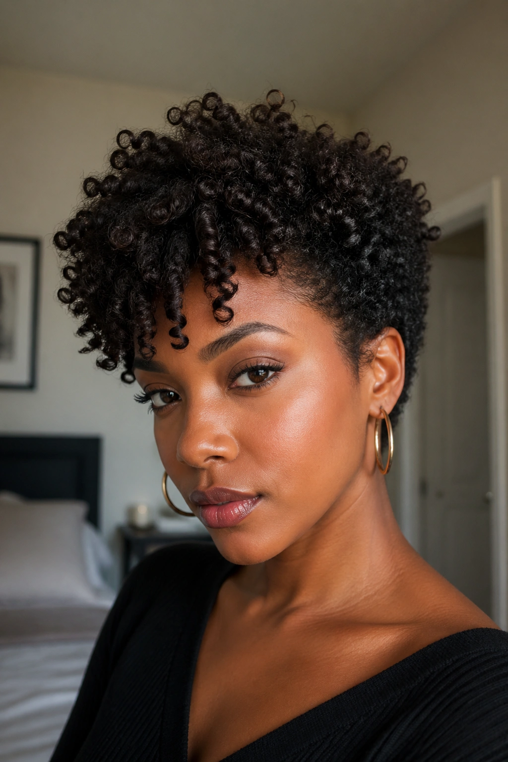 Close-up of a real woman with heavy crown layering on short natural hair