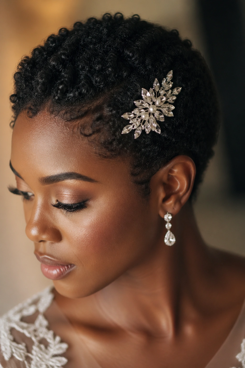 Close-up of a bridal short natural hairstyle with a jeweled accessory