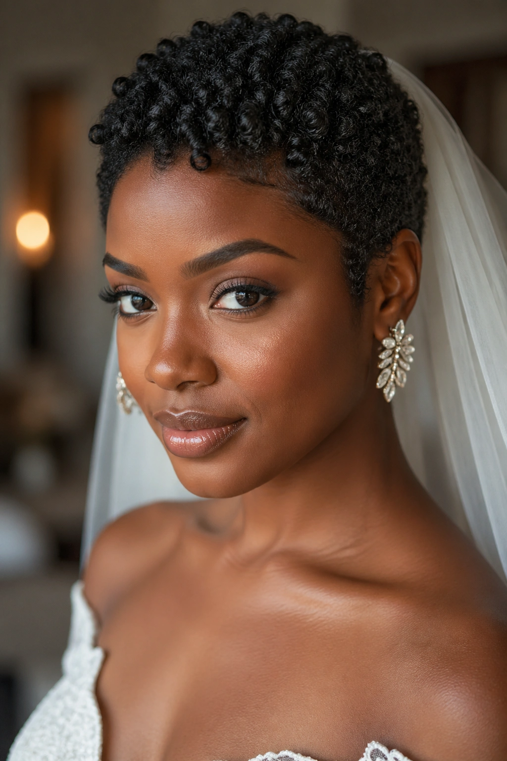 Close-up of a real bride with short natural curls highlighting bold bridal texture