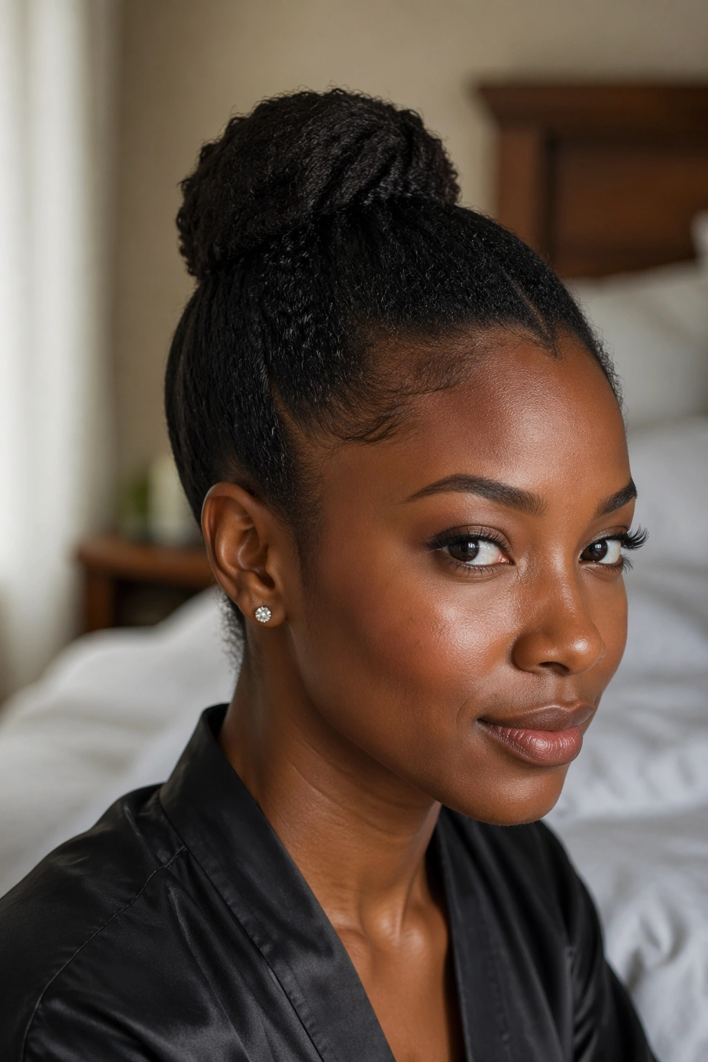 Close-up of a Black woman with a short natural tucked bun in warm window light