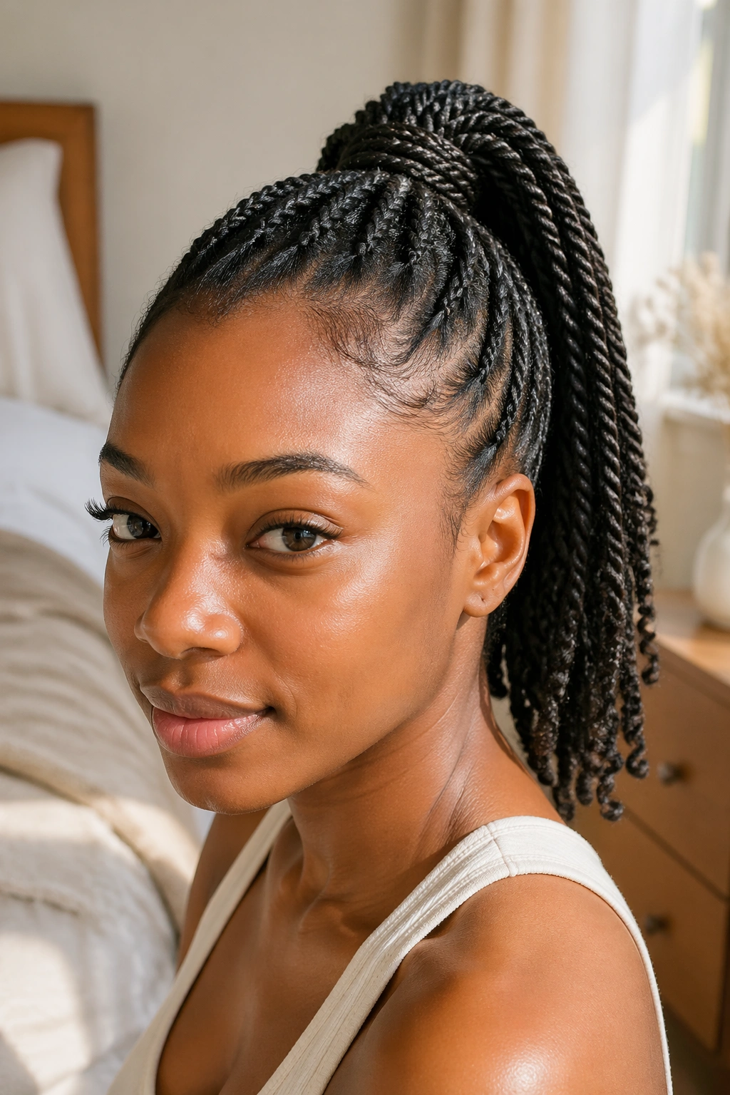 Close-up portrait of a real woman with a short natural twist braided ponytail using extensions