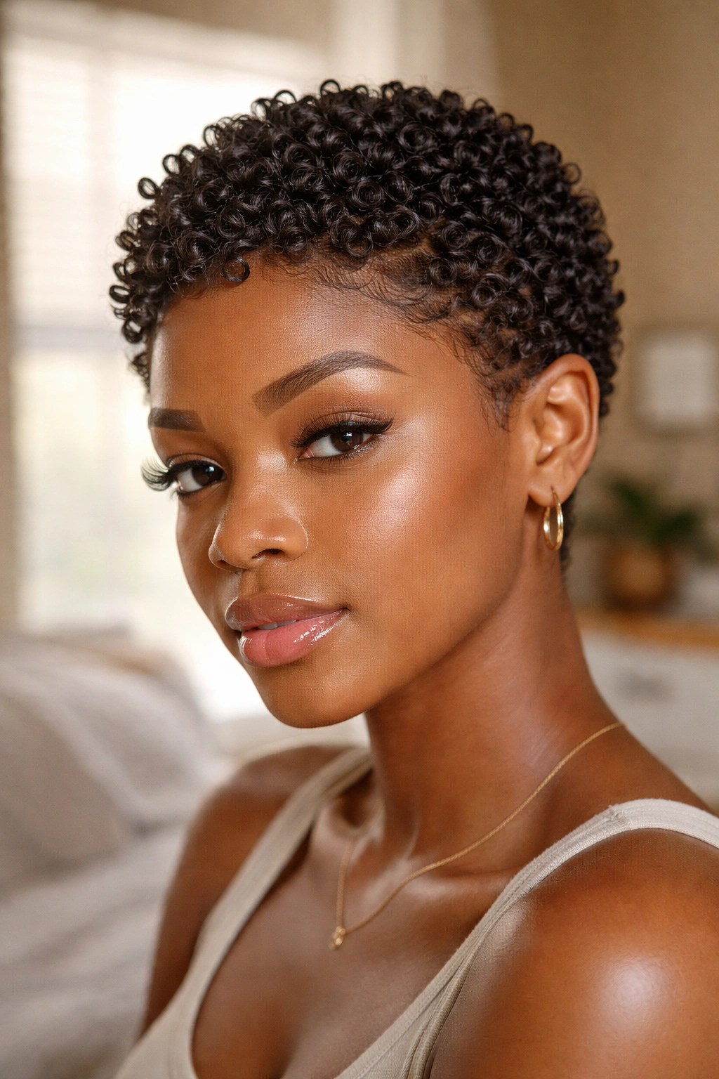 Close-up of finger curls on short natural hair on a real person.