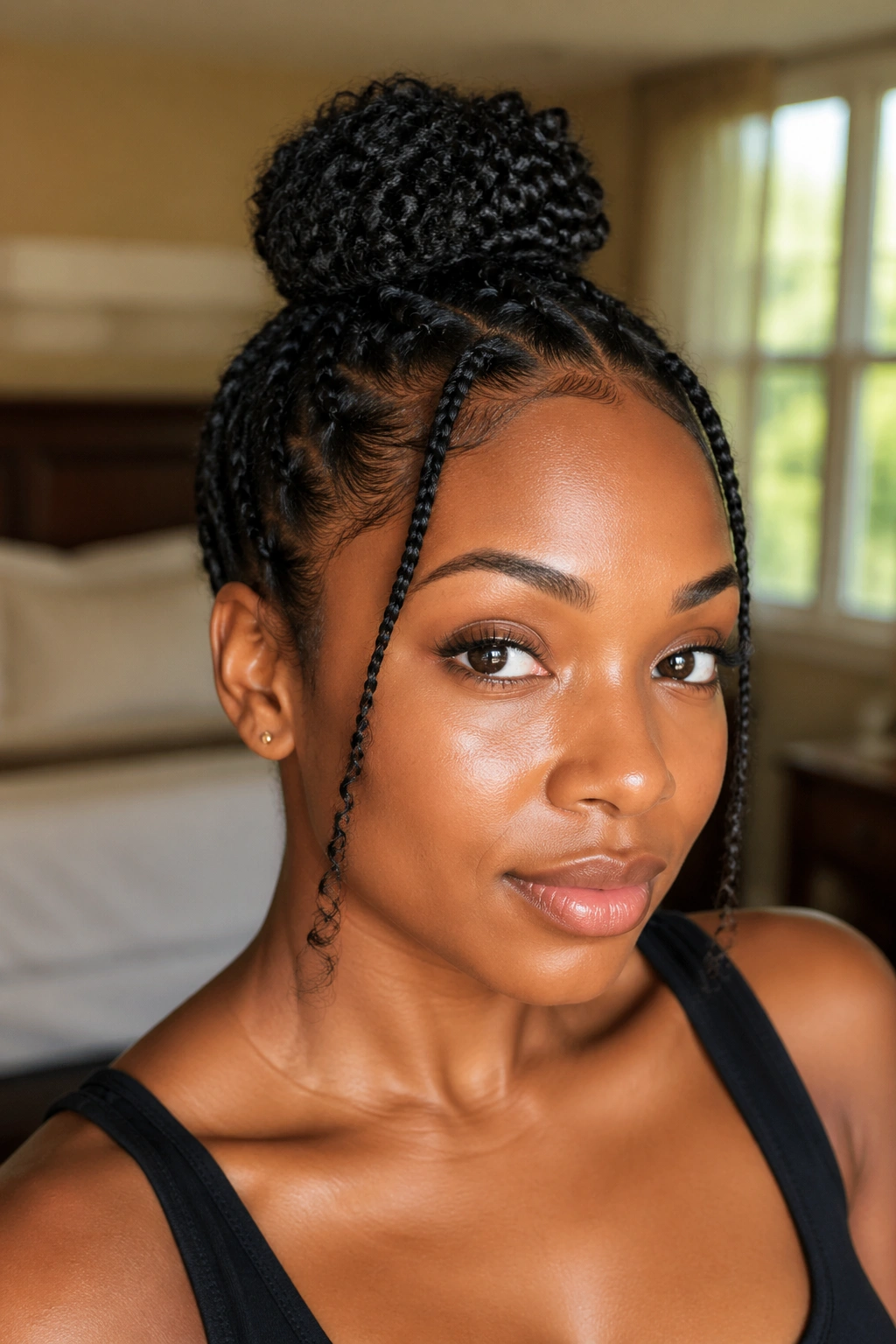 Close-up portrait of a woman with a short natural hairstyle featuring a goddess bun and cornrows framing her face.
