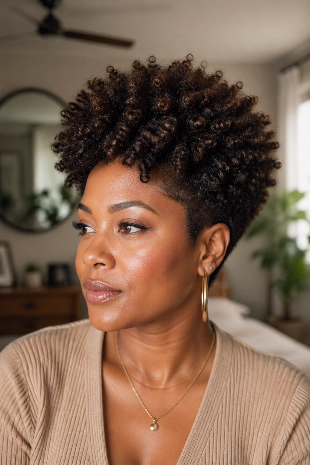 Close-up of a real woman with graduated-layer short natural hair and crown volume