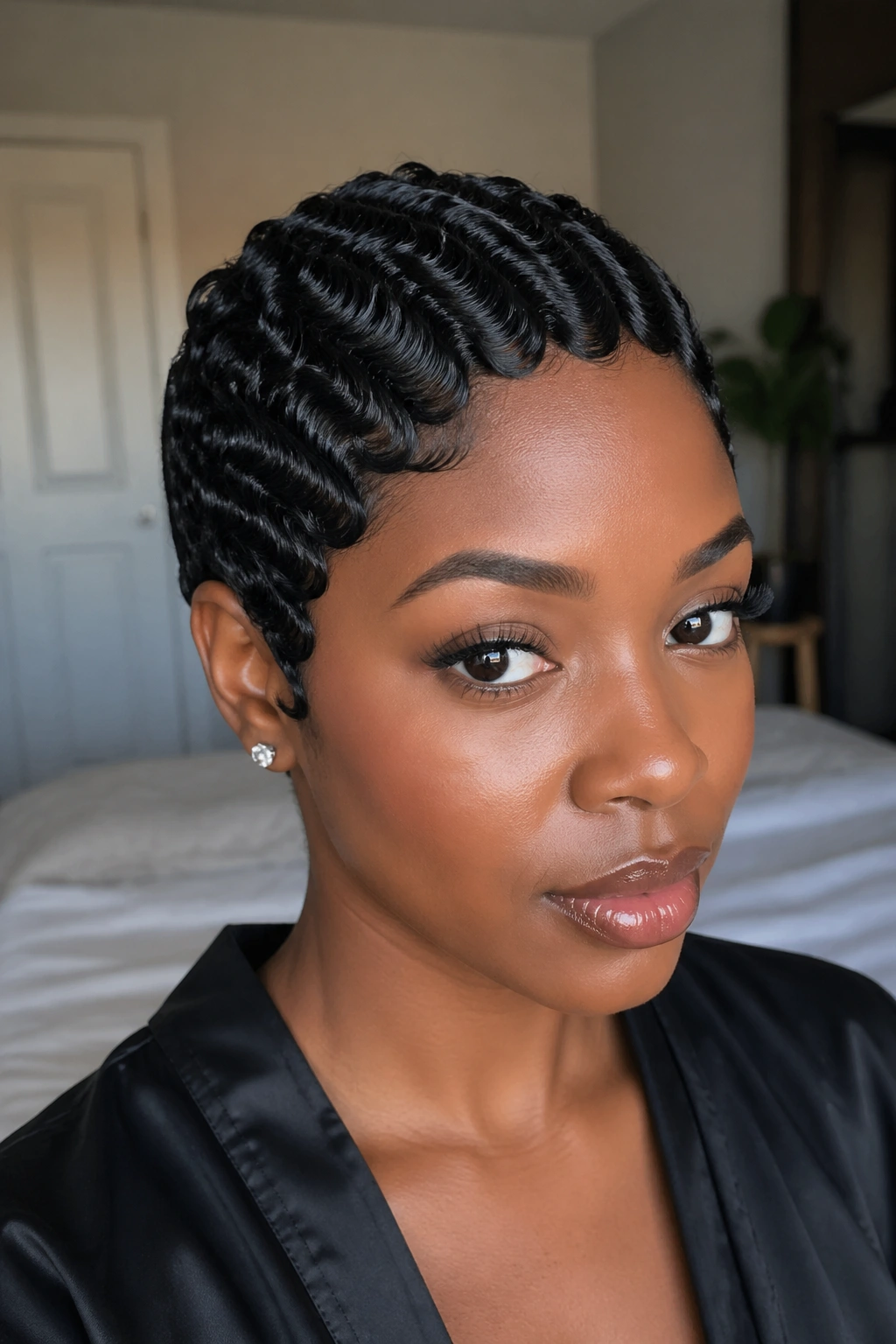 Real woman with short natural hair in tight pin curls