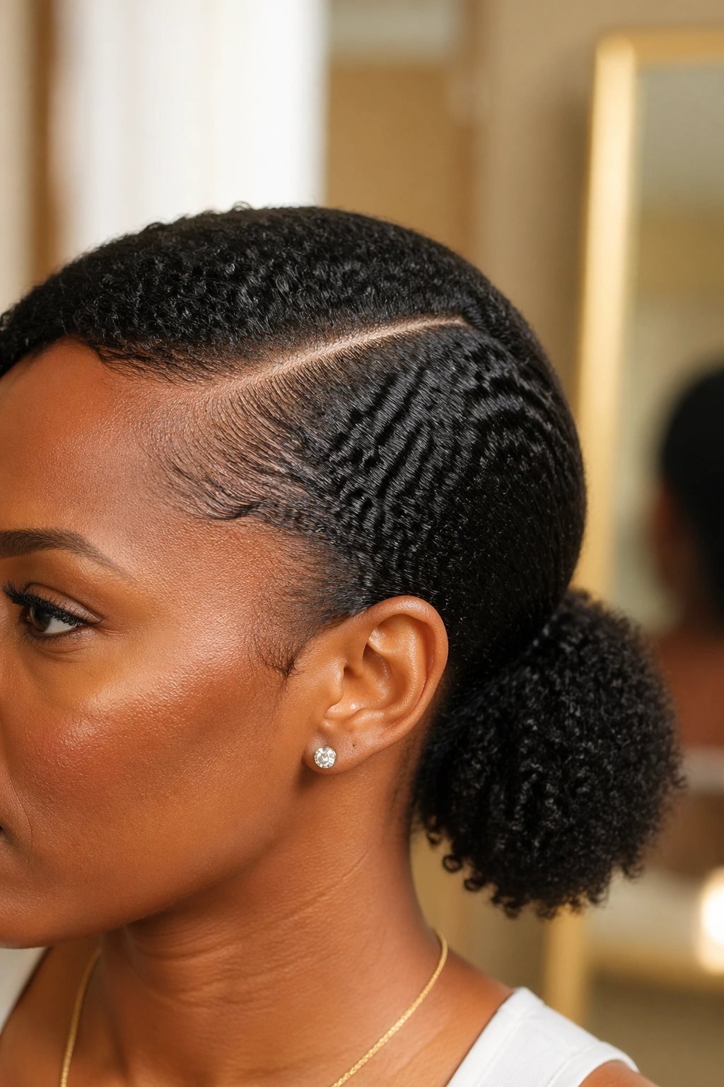 Close-up of short natural hair with a neat low side-part ponytail.