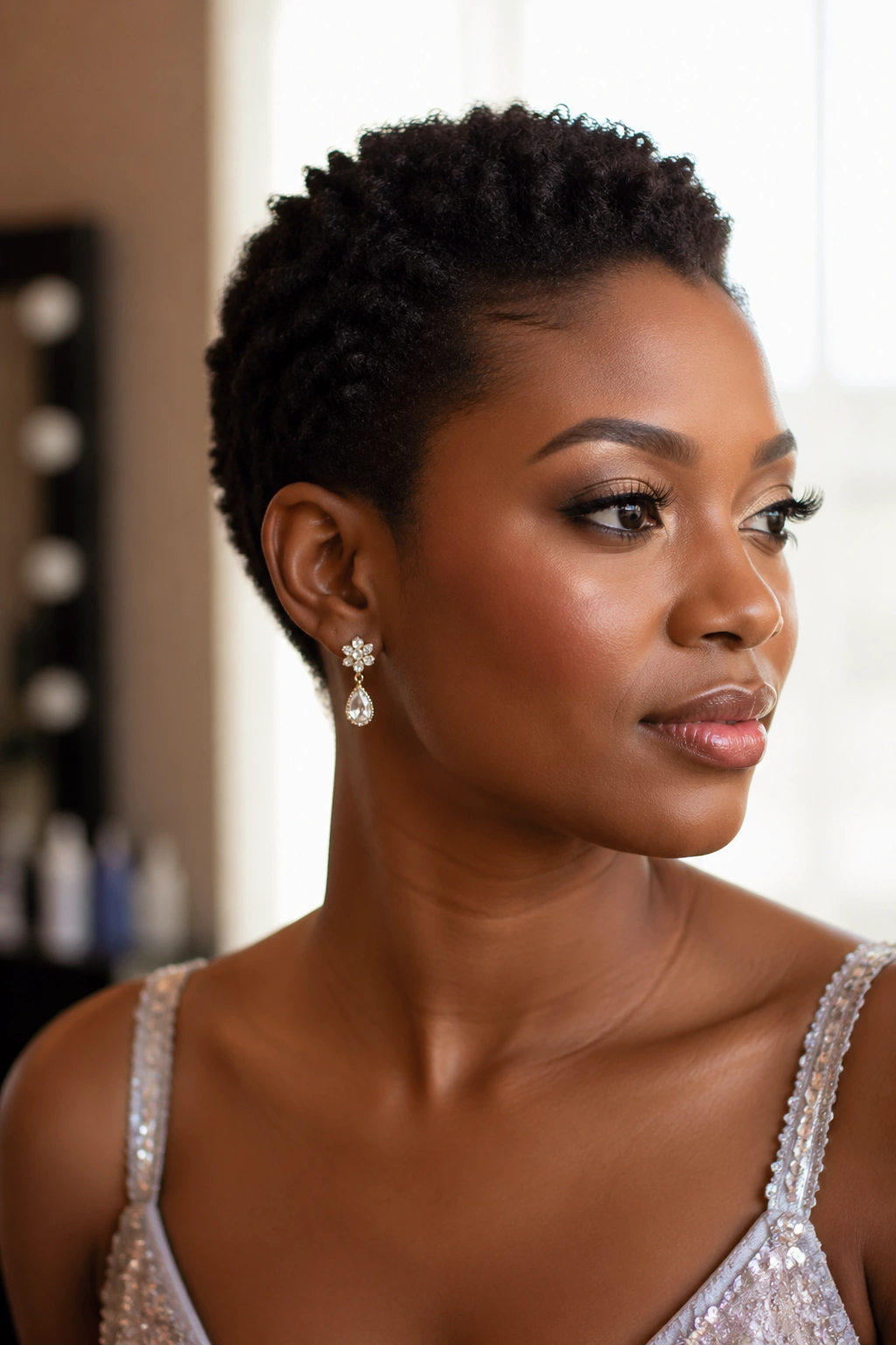 Close-up portrait of a real woman with short natural curls for prom.