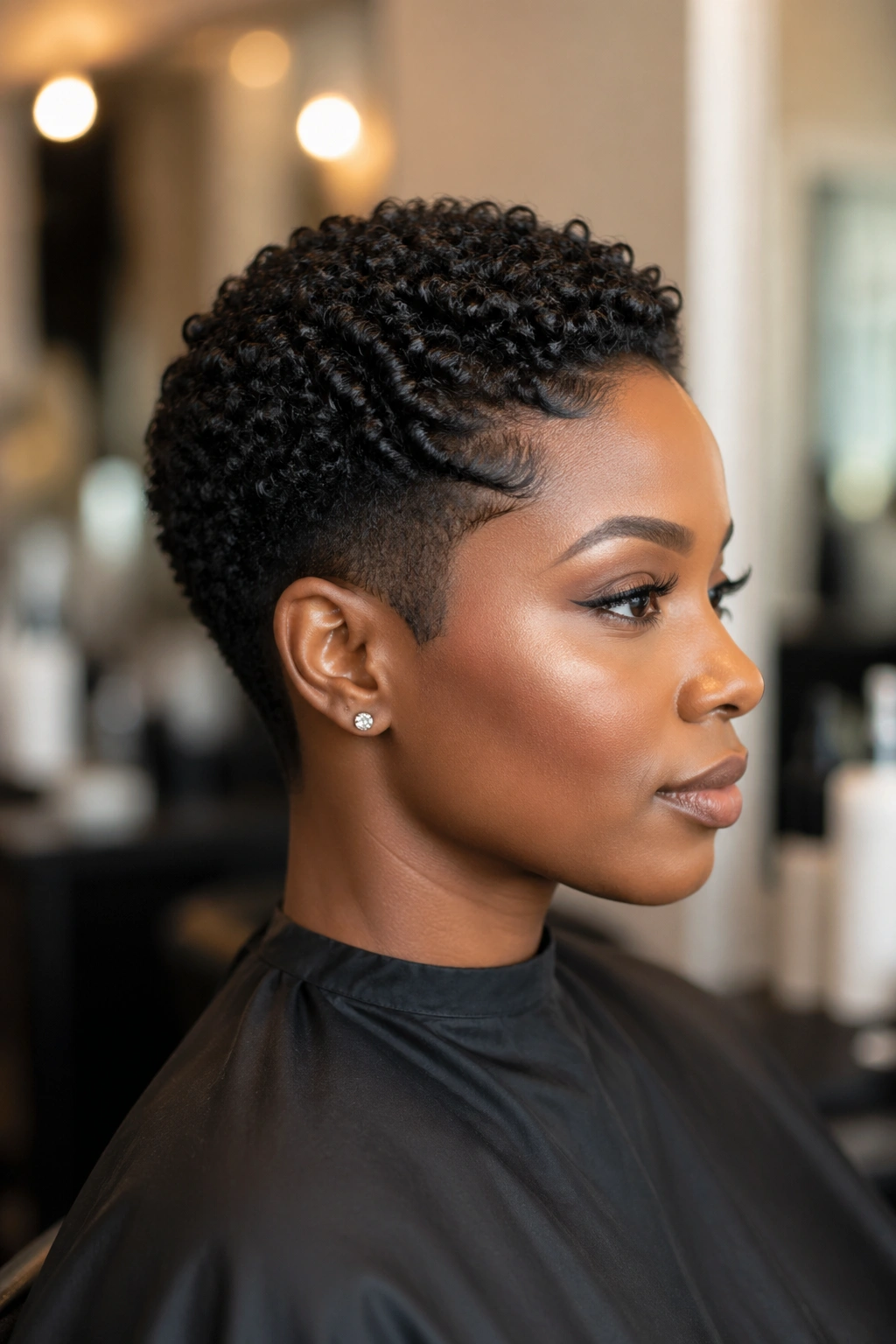 Portrait of a real person with a polished short natural hairstyle in a salon