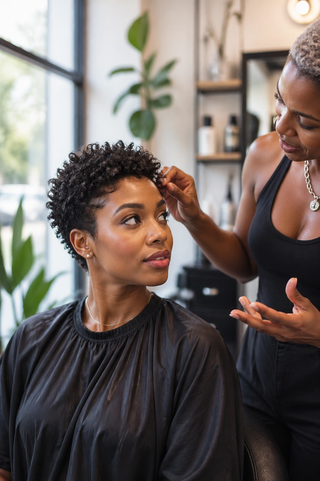 Client with short natural curls in a salon chair during a consultation