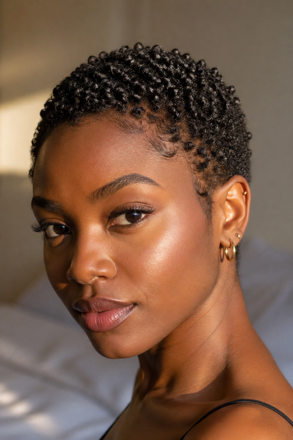 Portrait showing very short natural curls with clear texture.