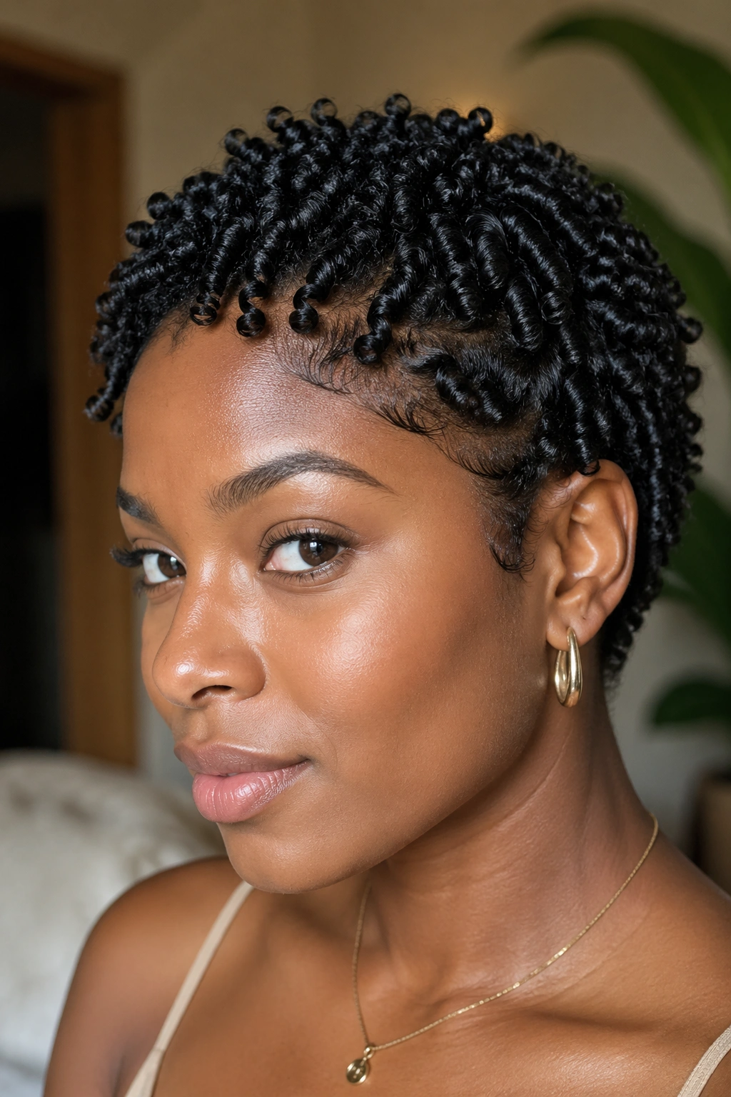 Close-up of a real woman with short natural hair featuring tight wand curls.