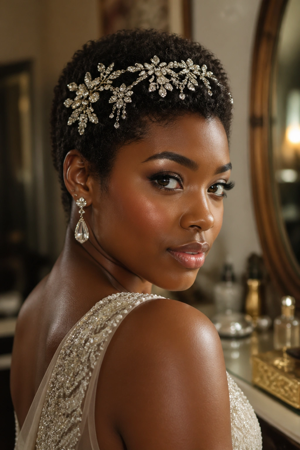 Portrait of a real woman with short natural curls wearing a vintage headpiece.
