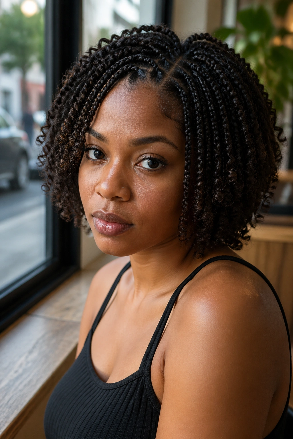 Real woman with short natural hair styled in mini braids with curly ends