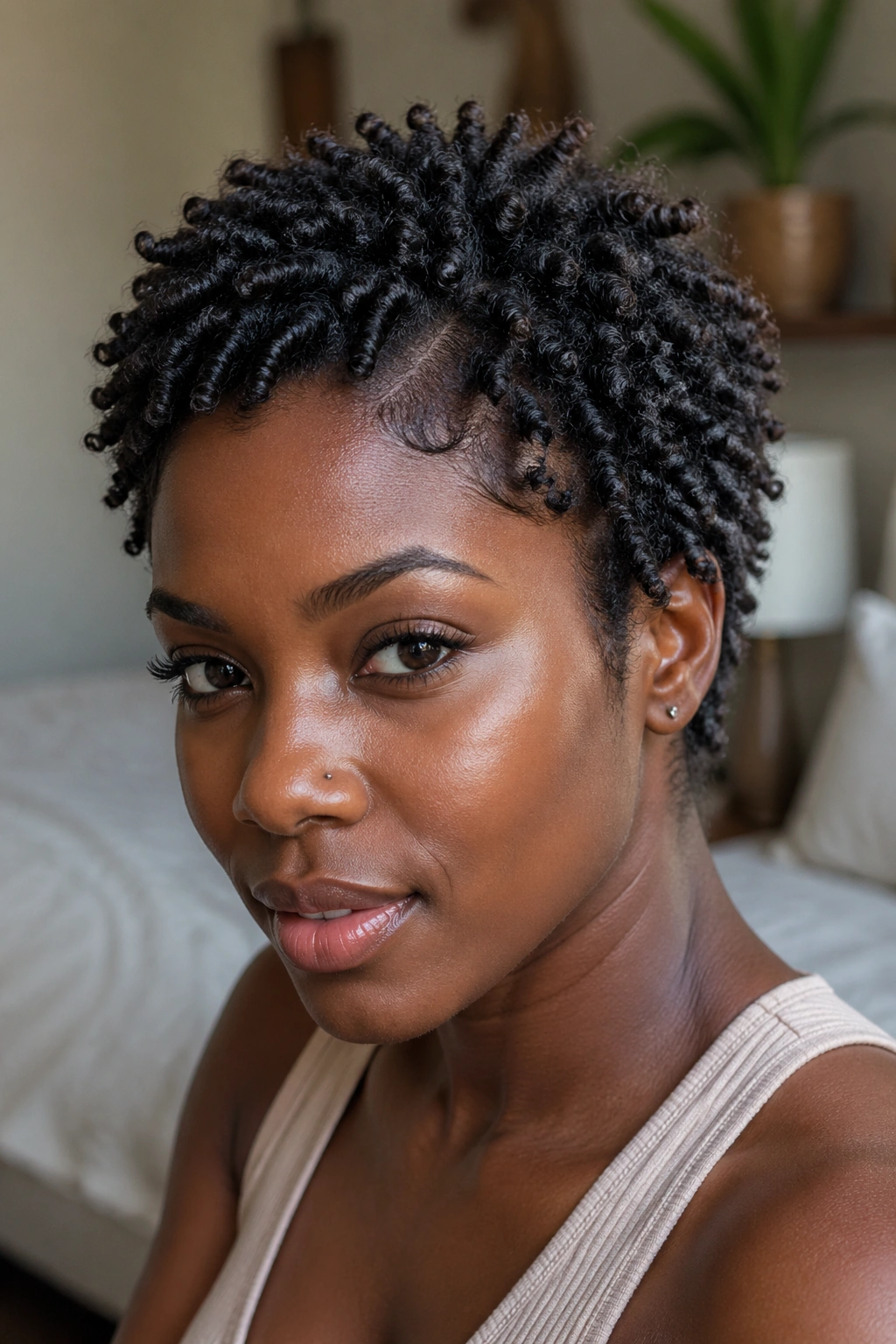 Close-up portrait of a real woman with short perm twists at twa length