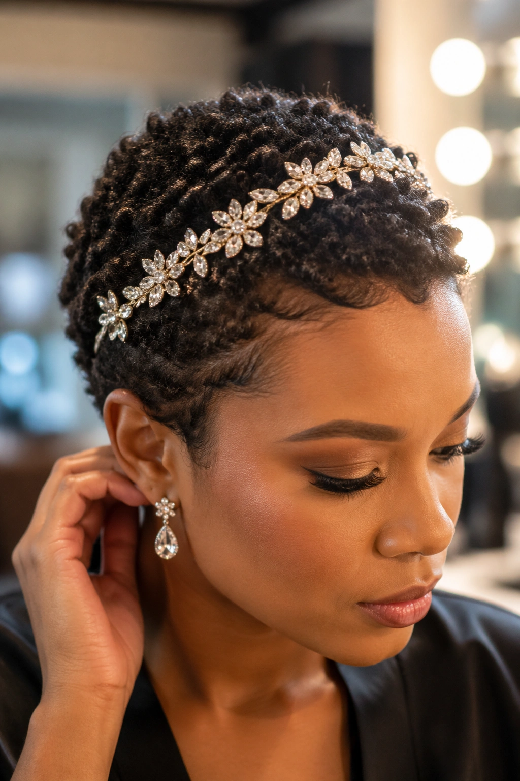 Close-up of woman with short prom hair wearing a jeweled headband.