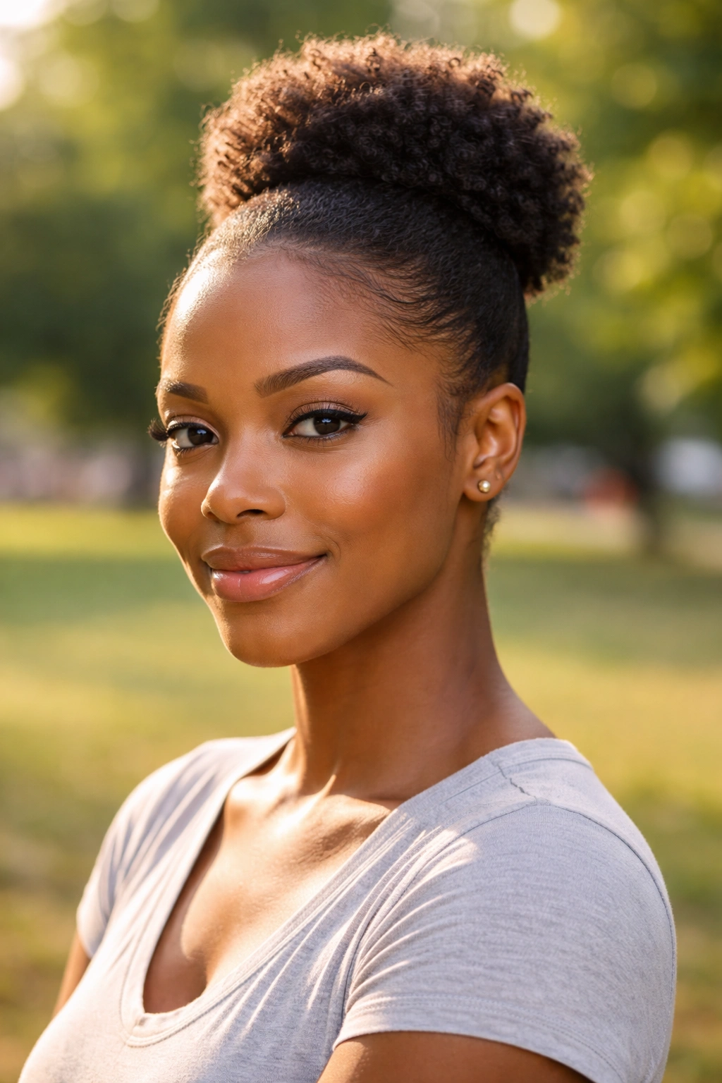 Close-up portrait of a real woman with a short afro puff at the crown in a sunny park