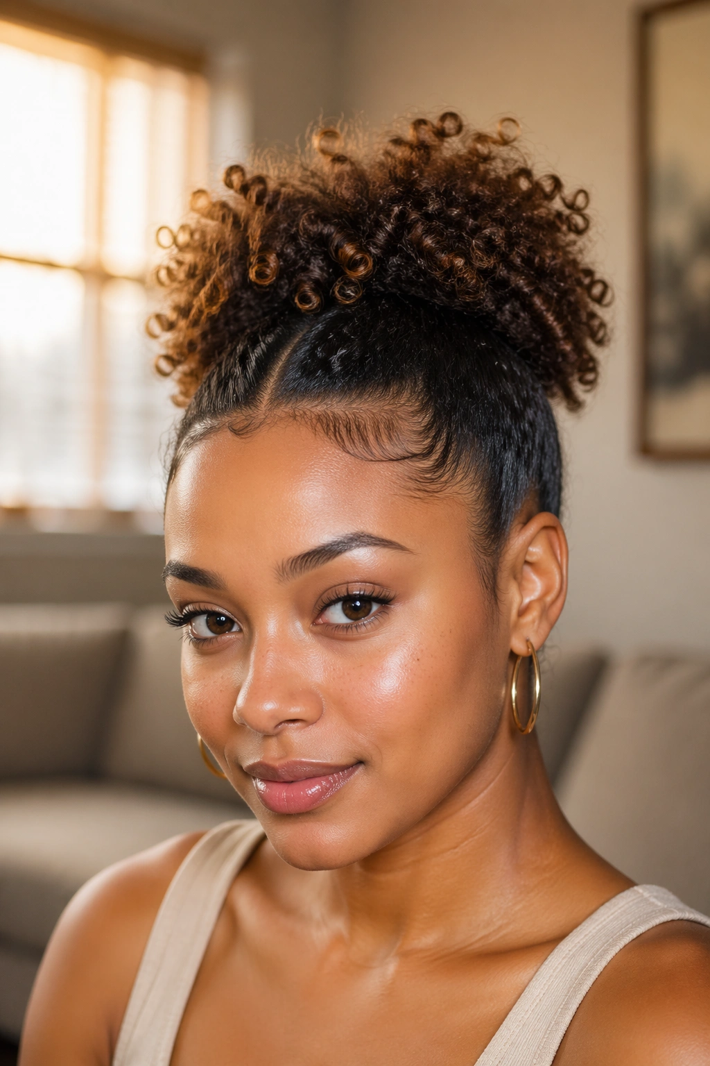 Real woman with short puff V-part ponytail in a cozy living room
