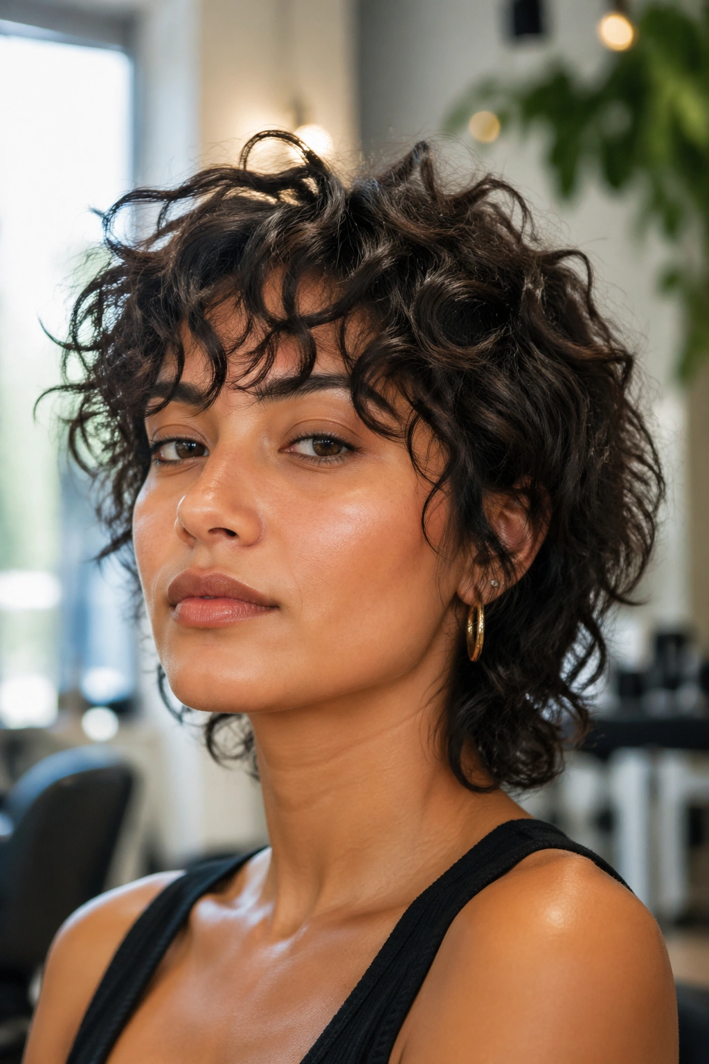 Close-up of a real woman with a short shag hairstyle featuring heavy layers and curtain bangs in a warmly lit salon